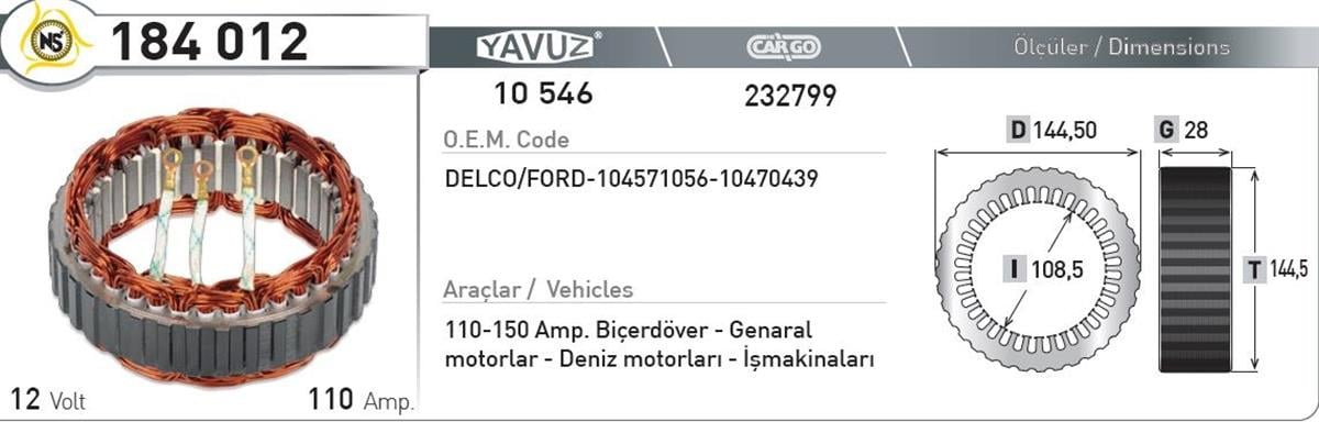 Statör 12V 110Ah Delco Biçerdöver Deniz İş Makinası Yvz 10546 184012 | Nursan 184012
