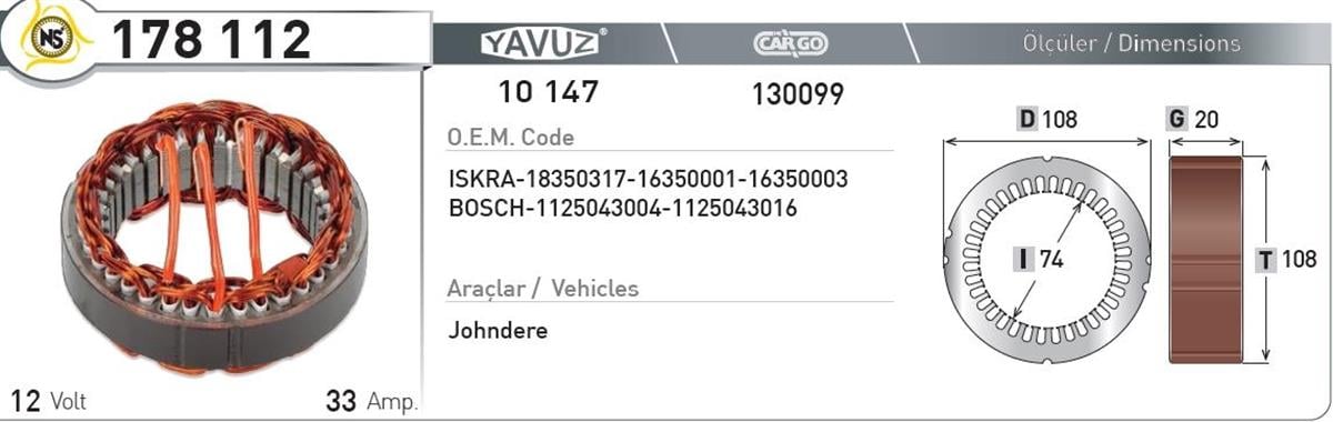 Statör 12V 33Ah Jonder Biçer | Nursan 178112
