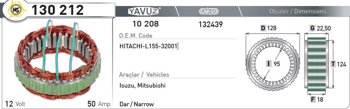 Statör 12V 50Ah Isuzu Mıt Dar*F18*I95*T124 130212 | Nursan 130212