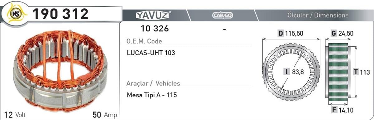 Statör 12V 50Ah Lucas A 115 | Nursan 190312