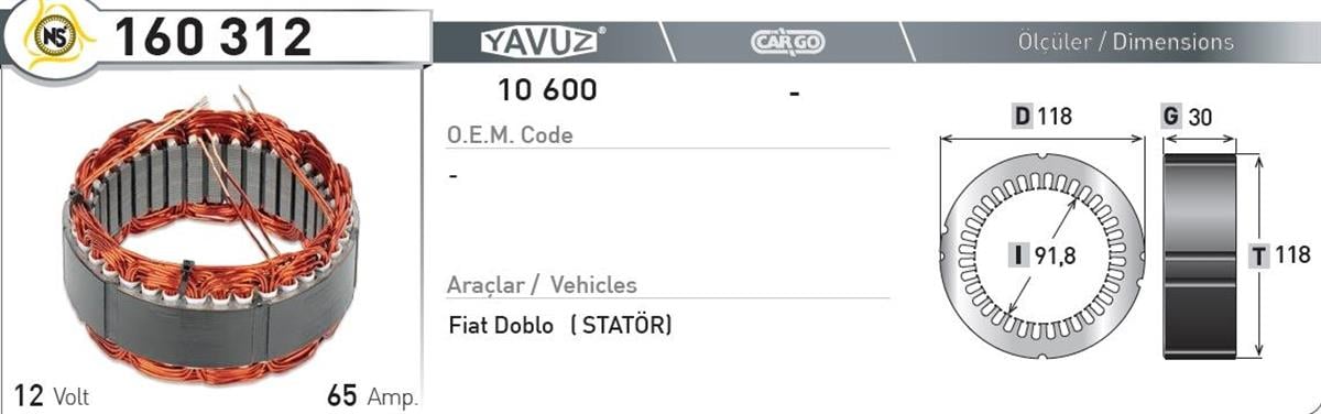 Statör 12V 65Ah Doblo N Denso 160312 | Nursan 160312