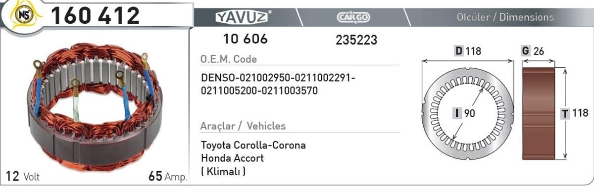 Statör 12V 65Ah Toyota*G26*I90*T118 160412 | Nursan 160412