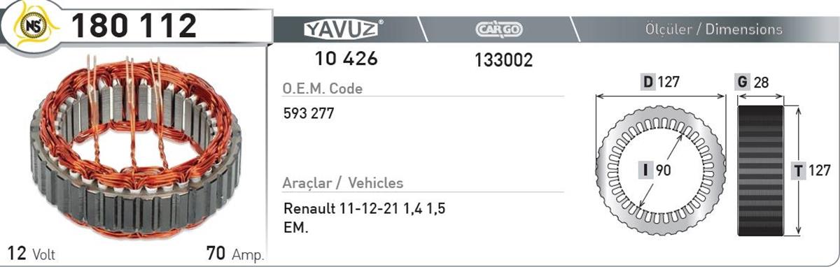 Statör 12V 70Ah R9 11 19 21 Valeotip Nursan180112 | Nursan 180112