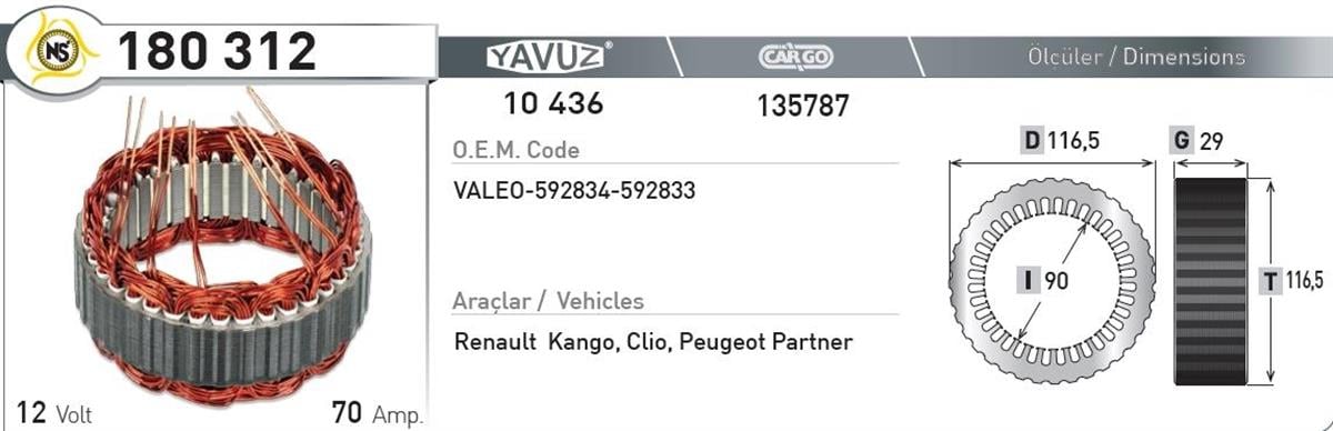 Statör 12V 70Ah Valeo 180312 | Nursan 180312