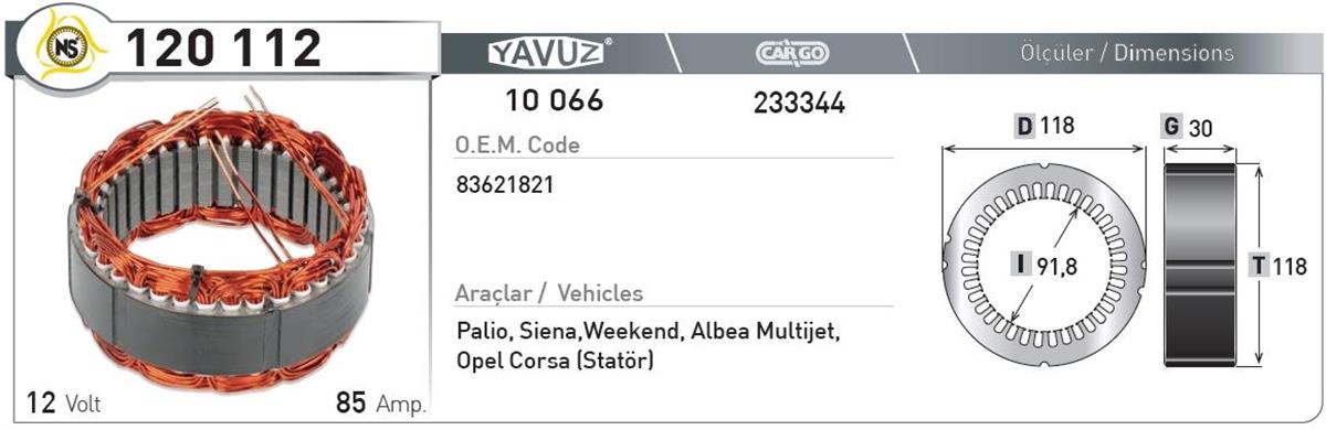 Statör 12V 85Ah Palio 120112 | Nursan 120112