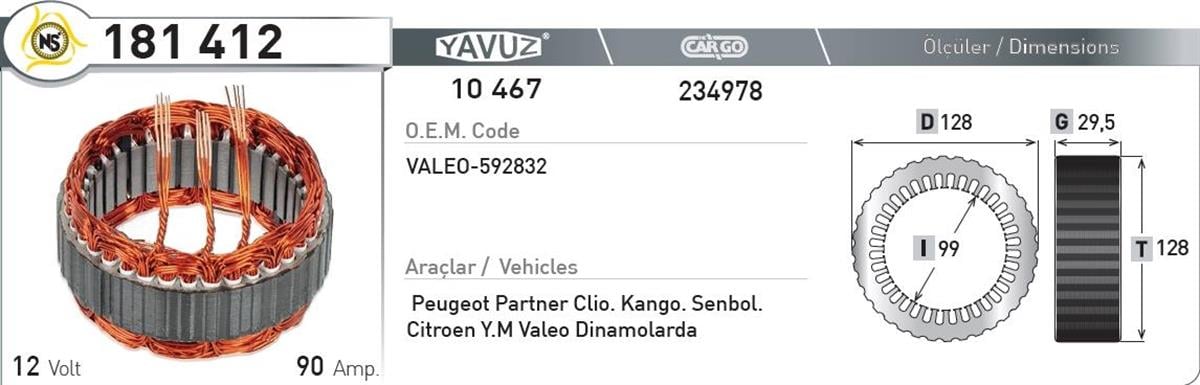 Statör 12V 90Ah Partner Ym 3Uç Valeo Tip | Nursan 181412