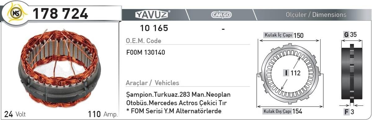 Statör 24V 110Ah Isuzu Champıon Turkuaz Nur178724 | Nursan 178724