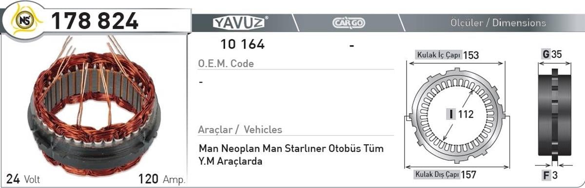 Statör 24V 120Ah Man Fom Seri Ym Nursan178824 | Nursan 178824