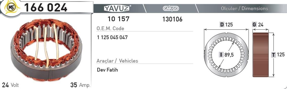 Statör 24V 35Ah Dev Fatih*G24*I89,5*T125* 166024 | Nursan 166024