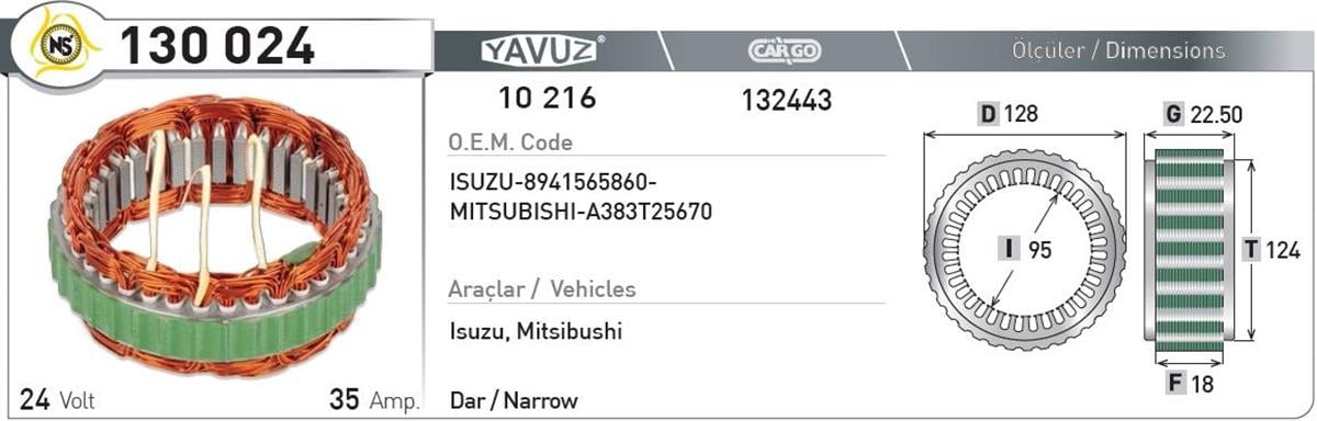 Statör 24V 35Ah Japon Dar *F18*I95*T124*130024 | Nursan 130024