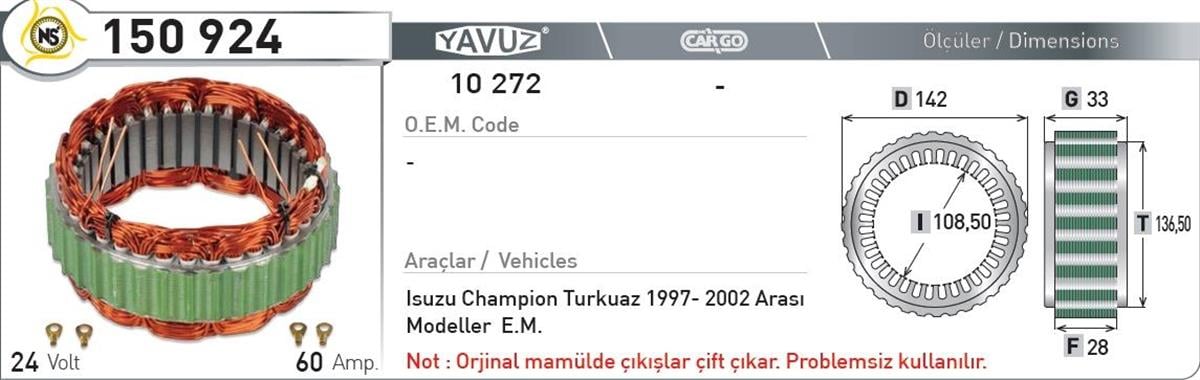 Statör 24V 60Ah Isuzu Şamp Klimalı 150924 | Nursan 150924