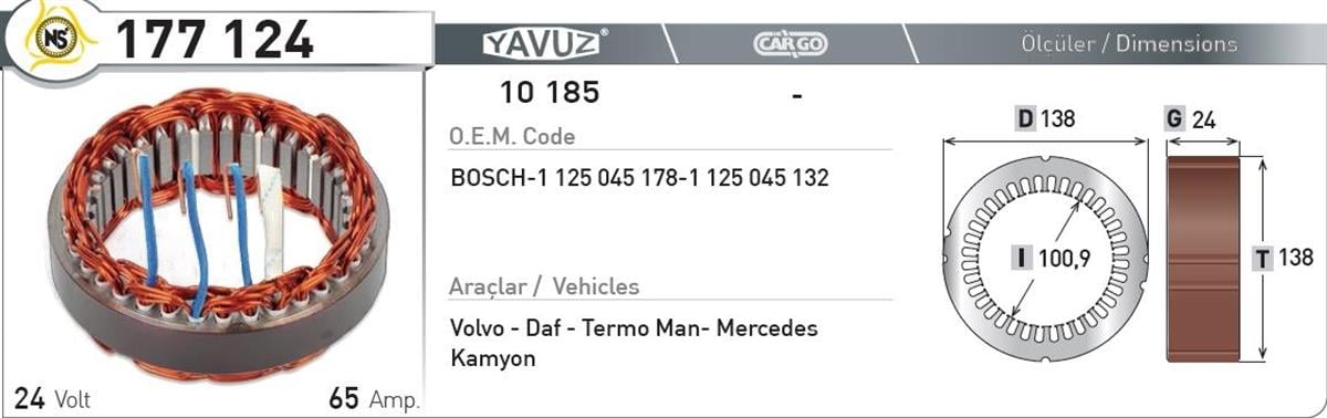 Statör 24V 65Ah Mercedes G24*I100,9*T138 177124 | Nursan 177124