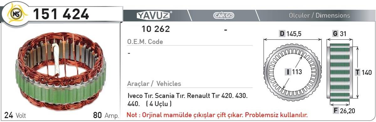 Statör 24V 80Ah Iveco Scanıa Reno Tır Nur151424 | Nursan 151424