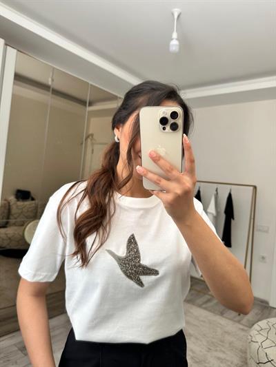 GOLD KUŞ TAŞLI ORJ MARKA TİŞÖRT BEYAZ