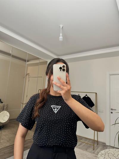 PARILTILI TAŞ DETAYLI MAXİ CROP TİŞÖRT SİYAH