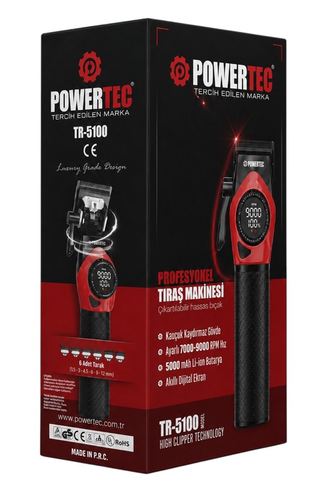 TR-5100 Profesyonel Saç Tıraş Makinesi | 9000 RPM Dijital Ekran | 5000 Mah Li-İon Batarya | Şarjlı Berber Tipi Clipper 35