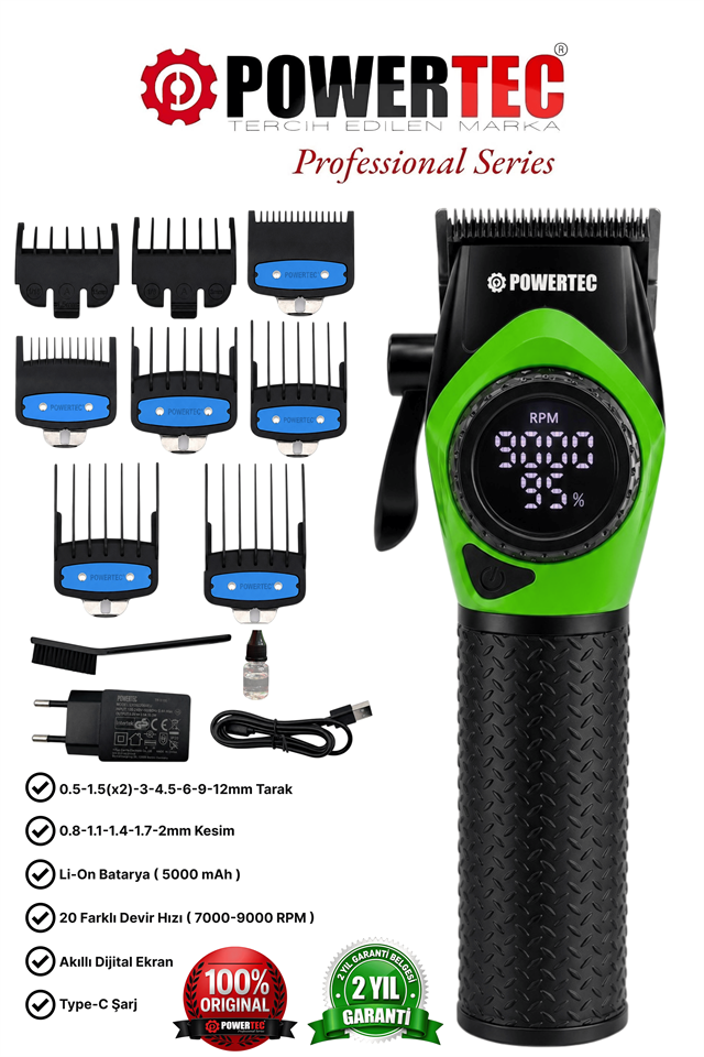 TR-5100 Profesyonel Saç Tıraş Makinesi | 9000 RPM Dijital Ekran | 5000 Mah Li-İon Batarya | Şarjlı Berber Tipi Clipper
