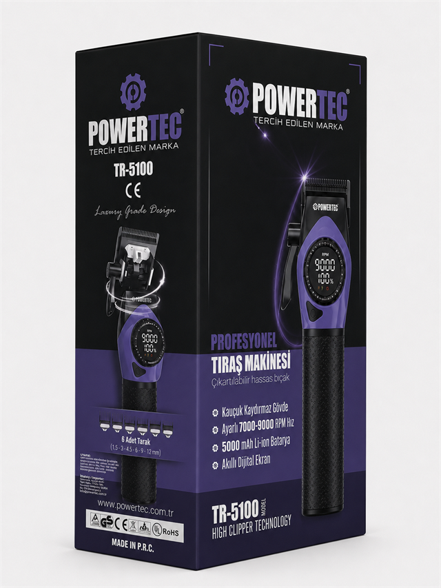 TR-5100 Profesyonel Saç Tıraş Makinesi | 9000 RPM Dijital Ekran | 5000 Mah Li-İon Batarya | Şarjlı Berber Tipi Clipper 21