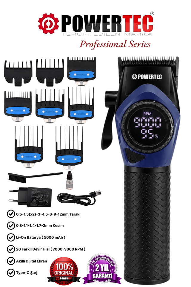 TR-5100 Profesyonel Saç Tıraş Makinesi | 9000 RPM Dijital Ekran | 5000 Mah Li-İon Batarya | Şarjlı Berber Tipi Clipper 15