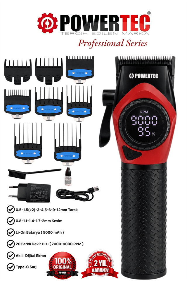TR-5100 Profesyonel Saç Tıraş Makinesi | 9000 RPM Dijital Ekran | 5000 Mah Li-İon Batarya | Şarjlı Berber Tipi Clipper 8