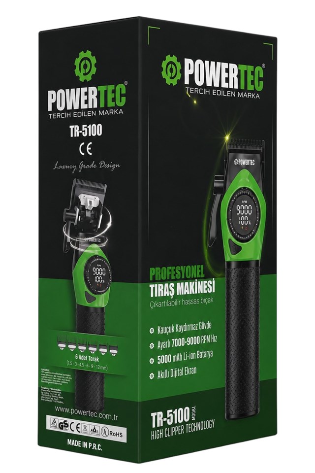 TR-5100 Profesyonel Saç Tıraş Makinesi | 9000 RPM Dijital Ekran | 5000 Mah Li-İon Batarya | Şarjlı Berber Tipi Clipper 7
