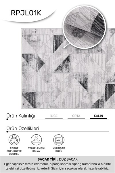 JALURA-Gri/Siyah- Özel Ölçü-Salon,Oturma Odası, Koridor Halısı-Robot Süpürgeye Uyumlu-Kolay Temizlenebilir-Uygun Fiyat
