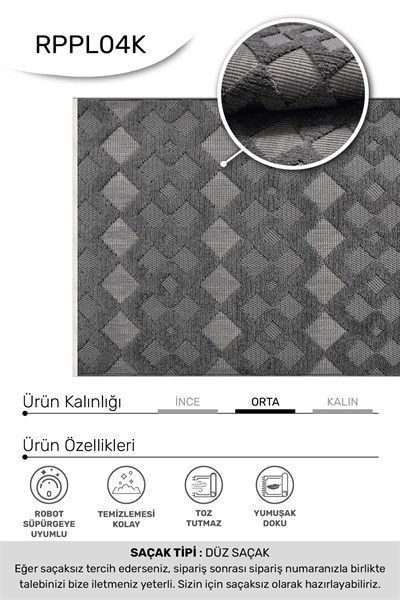 MASAL-Antrasit- Özel Ölçü- Oturma Odası, Koridor, Yatak Odası Halısı- Robot Süpürgeye Uyumlu-Kolay Temizlenebilir- Uygun Fiyat