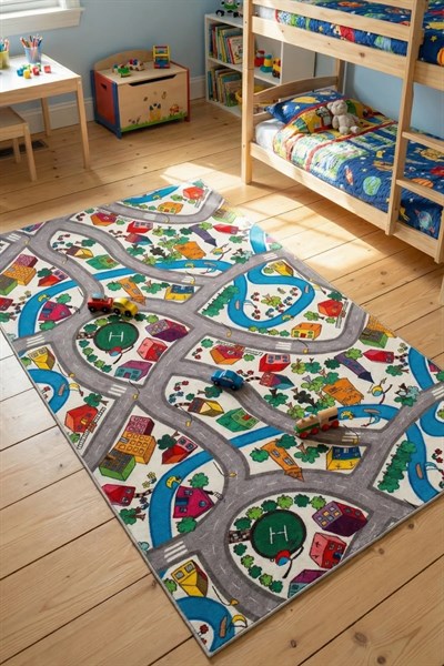 RugKids Halı -Trafik Desenli -Silinebilir-Kolay Temizlenir- Kaymaz Tabanlı - Özel Ölçü