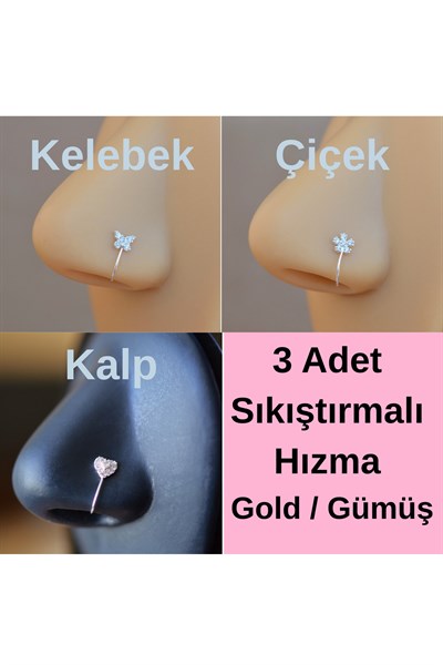 3 Adet 925 Ayar Gümüş Deliksiz Sıkıştırmalı Burun Hızma Seti – Kelebek, Kalp , Çiçek, 3’lü set