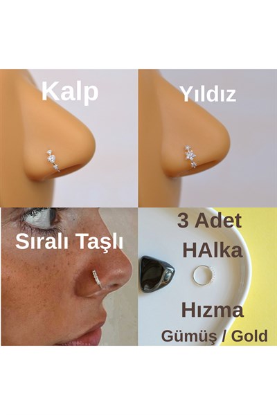 3 Adet 925 Ayar Gümüş HAlka Burun Hızma Seti – Mini Kalpli, Mini Yıldızlı, Sıralı Taşlı, 3’lü Set