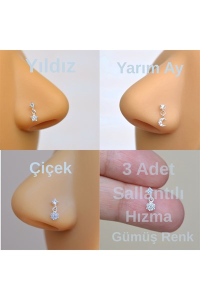 3 Adet 925 Ayar Gümüş Sallantılı Burun Hızma Seti – Yarım Ay, Yıldız, Çiçek sallantılı, 3’lü set