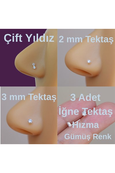 3 Adet 925 Ayar Gümüş Tektaş İğne Burun Hızma Seti – 2mm Tektaş, 3mm Tektaş, Çift Yıldız, 3’lü set