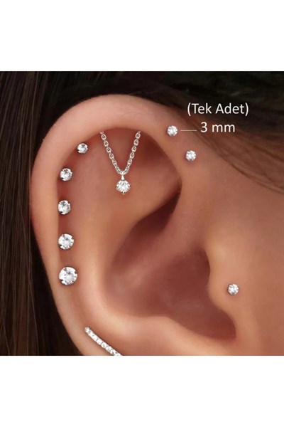 3 MM Tektaş Cerrahi Çelik Piercing Tragus Helix Kıkırdak Conch Gümüş Renk 8 Mm