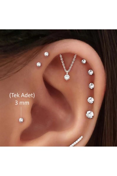 3 MM Tektaş Cerrahi Çelik Piercing Tragus Helix Kıkırdak Conch Gümüş Renk 8 Mm