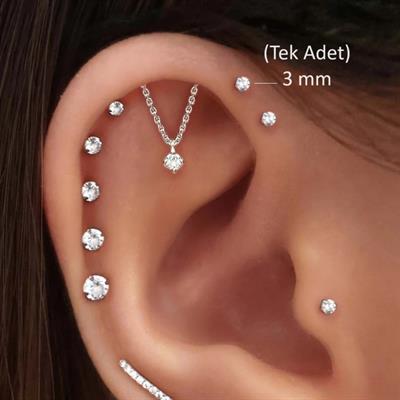 3 MM Tektaş Cerrahi Çelik Piercing Tragus Helix Kıkırdak Conch Gümüş Renk 8 Mm