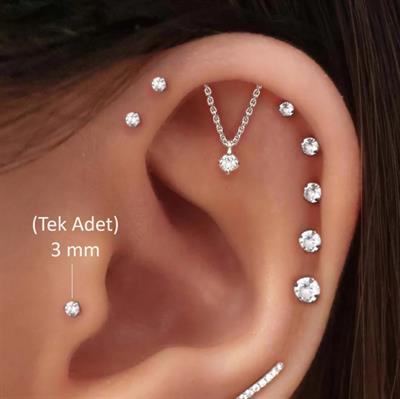 3 MM Tektaş Cerrahi Çelik Piercing Tragus Helix Kıkırdak Conch Gümüş Renk 6 Mm