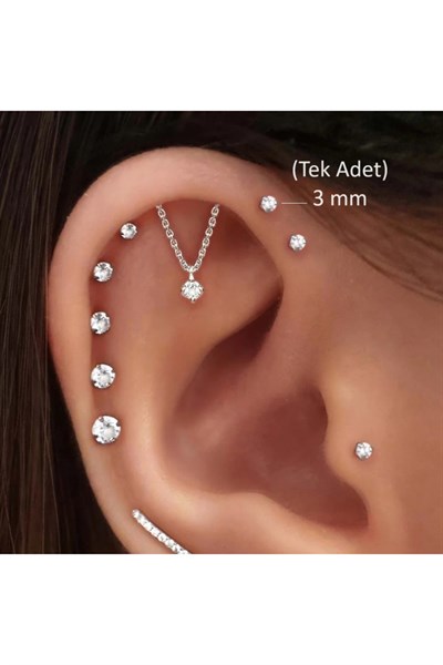 3 MM Tektaş Cerrahi Çelik Piercing Tragus Helix Kıkırdak Conch Gümüş Renk 8 Mm