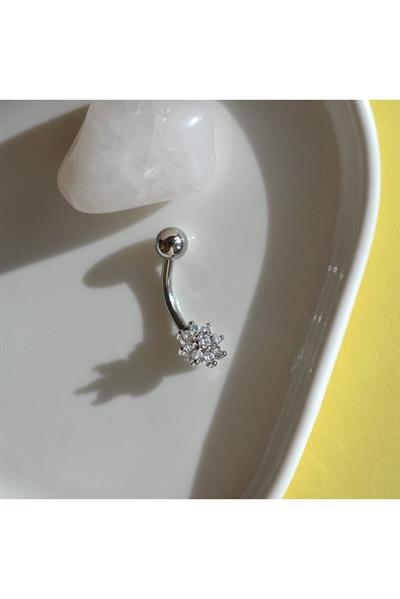 316 L Çelik Minimal Çiçekli Göbek Piecingi Silver Renk