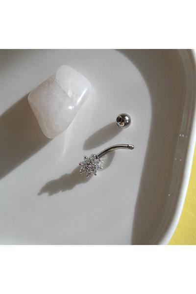 316 L Çelik Minimal Çiçekli Göbek Piecingi Silver Renk