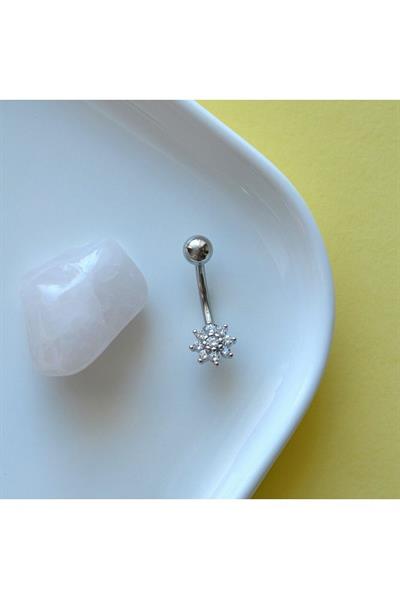 316 L Çelik Minimal Çiçekli Göbek Piecingi Silver Renk