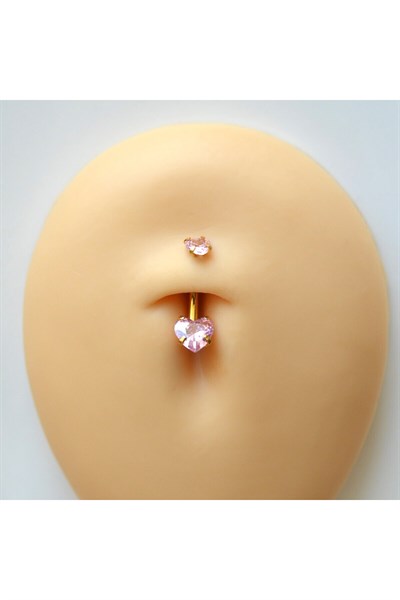 316 L Çelik Zirkon Pembe Taşlı Kalp Göbek Piercingi Taşlı Kalpli Minimal Göbek Piercingi Gold