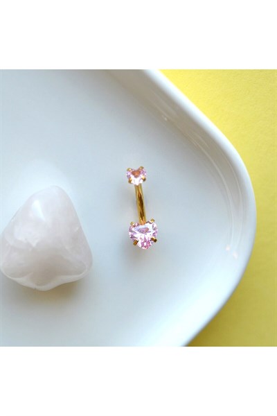 316 L Çelik Zirkon Pembe Taşlı Kalp Göbek Piercingi Taşlı Kalpli Minimal Göbek Piercingi Gold