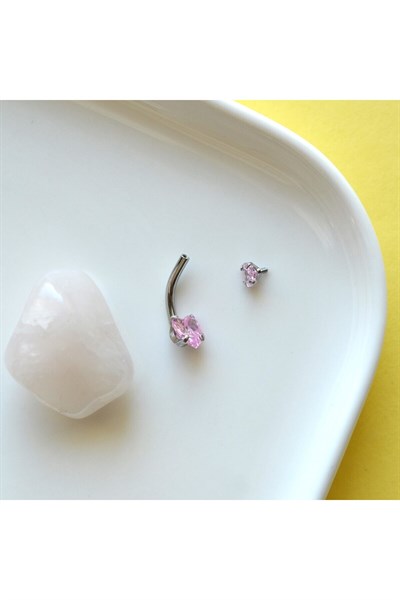 316 L Çelik Zirkon Pembe Taşlı Kalp Göbek Piercingi Taşlı Kalpli Minimal Göbek Piercingi Silver Renk