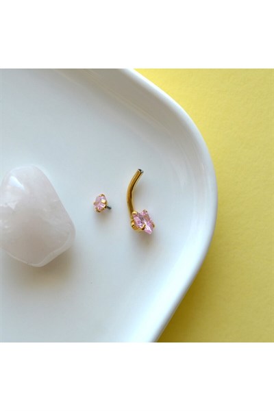 316 L Çelik Zirkon Pembe Taşlı Kalp Göbek Piercingi Taşlı Kalpli Minimal Göbek Piercingi Gold