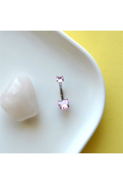 316 L Çelik Zirkon Pembe Taşlı Kalp Göbek Piercingi Taşlı Kalpli Minimal Göbek Piercingi Silver Renk