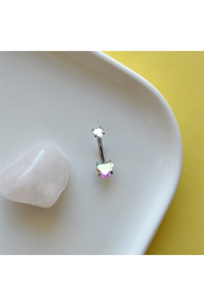 316 L Çelik Zirkon Taşlı Kalp Göbek Piercingi Hologram Taşlı Kalpli Minimal Göbek Piercingi