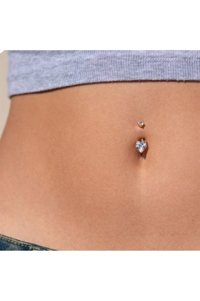 316 L Çelik Zirkon Taşlı Kalp Göbek Piercingi Taşlı Kalpli Minimal Göbek Piercingi Gold