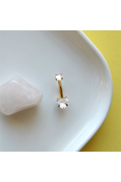 316 L Çelik Zirkon Taşlı Kalp Göbek Piercingi Taşlı Kalpli Minimal Göbek Piercingi Gold