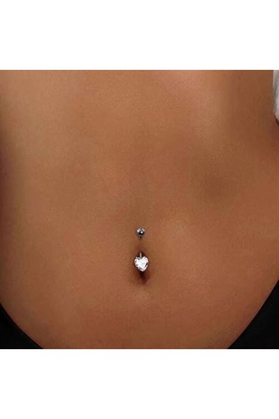 316 L Çelik Zirkon Taşlı Kalp Göbek Piercingi Hologram Taşlı Kalpli Minimal Göbek Piercingi