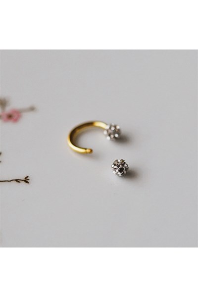 8 mm Gold İki Ucu Taşlı Cerrahi Çelik Tragus Helix Piercing Kıkırdak Septum